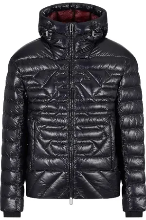 Emporio Armani Down Jackets, male, , 3XL, Navy Blue Quilted Jacket with Hood and Eagle Logo