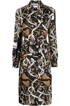 Moschino Shirt Dresses, female, , XS, Silk Graphic-Print Midi Dress