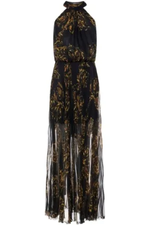 VERSACE Plissettato Nero Long Dress with Barocco Print