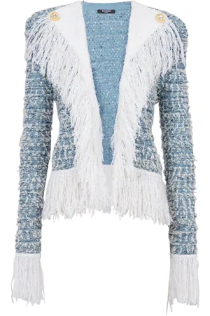 Balmain Tweed Jackets, female, , XS, Fringed denim tweed jacket