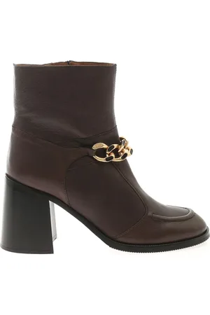 See by Chloé Heeled Boots, female, , 7 UK, Mahe Booties - Brown Leather Ankle Boots with Golden Chain