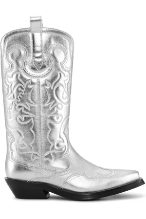 Ganni Silver Metallic Embroidered Slip-On Boots