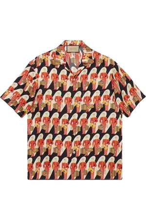 Gucci Short Sleeve Shirts, male, , M, Silk Twill Bowling Shirt with All-Over Print