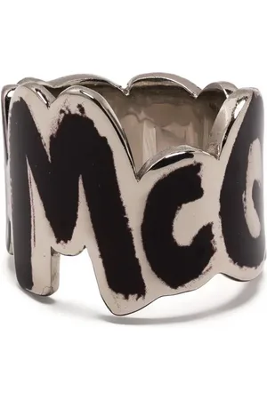 Alexander McQueen Rings, male, , 58 MM, Silver/Black Graffiti Logo Ring
