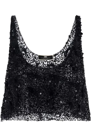 Elisabetta Franchi Sleeveless Tops, female, , M, Embroidered Tulip Cropped Top