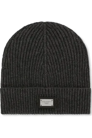 Dolce & Gabbana Beanies, male, , ONE SIZE, Grey Logo-Patch Knitted Beanie Hat