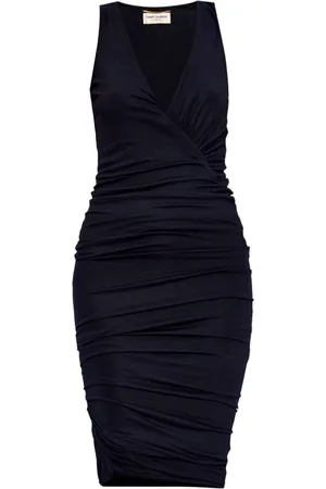 Saint Laurent Ruched V-Neck Sleeveless Dress