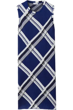 Burberry Knitted Dresses, female, , S, Blue Check Print Silk Dress