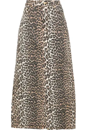 Ganni Denim Skirts, female, , S, Leopard-Print Denim Midi Skirt