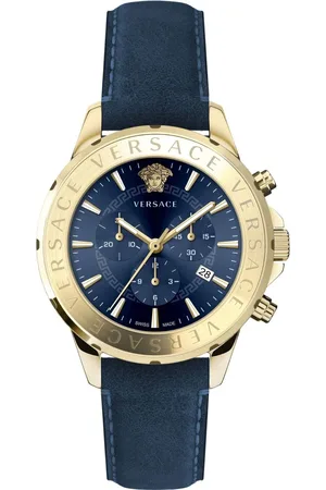 VERSACE Watches, male, , ONE SIZE, Signature Chronograph Leather Blue Watch