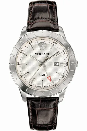 VERSACE Brown Leather Silver Steel GMT Watch
