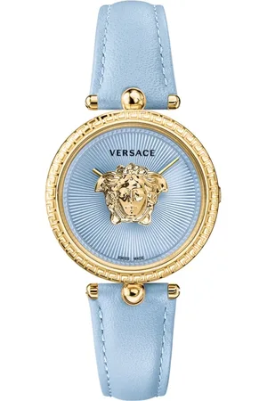VERSACE Watches, female, , ONE SIZE, Blue Leather Gold Steel Watch
