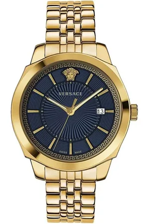 VERSACE Watches, male, , ONE SIZE, Classic Gold Steel Blue Dial Watch