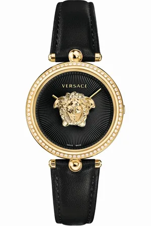 VERSACE Watches, female, , ONE SIZE, Empire Black Leather Gold Diamond Watch
