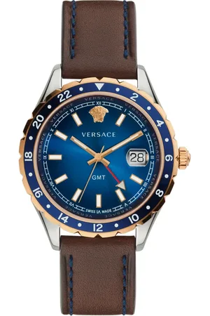 VERSACE Watches, male, , ONE SIZE, GMT Herrenuhr Brown Leather Gold Silver
