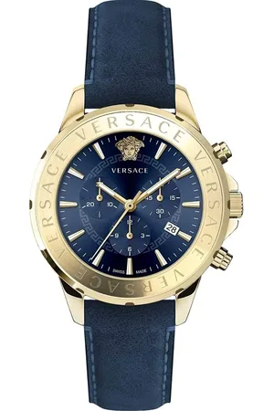 VERSACE Watches, male, , ONE SIZE, Chrono Signature Blue Leather Gold Steel Watch