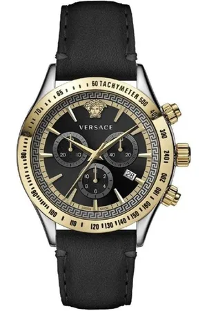 VERSACE Watches, male, , ONE SIZE, Classic Chrono Watch Black Leather Silver Gold Steel