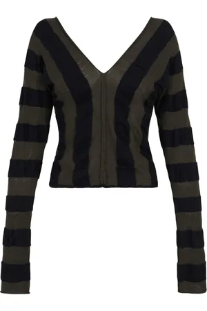 Cortana V-neck Knitwear, female, , M, Striped Long Sleeve Top in Khaki and Black