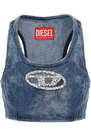 Diesel Sleeveless Tops, female, , S, Denim Crop Top with Jewel Buckle