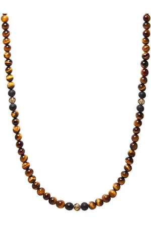 Nialaya Necklaces, male, , L, Beaded Necklace with Brown Tiger Eye and Gold