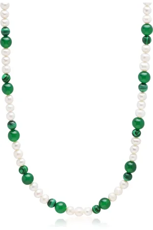 Nialaya Necklaces, male, , S, Pearl Choker with Green Aventurine and Malachite