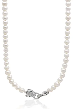 Nialaya Necklaces, male, , S, White Pearl Necklace with Silver Panther Head Lock
