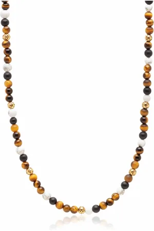 Nialaya Necklaces, male, , L, Beaded Necklace with Brown Tiger Eye, Howlite, and Onyx