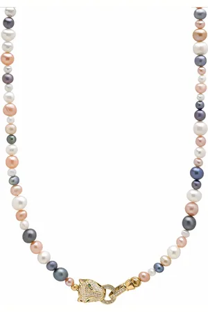 Nialaya Necklaces, male, , S, Multi-Colored Pearl Necklace with Gold Plated Panther Head Lock
