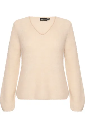 Soaked in Luxury V-neck Knitwear, female, , M, Sandshell V-Neck Jumper with Puff Sleeves