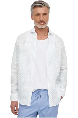 HUGO BOSS Casual Shirts, male, , 2XL, Linen Shirt Blue Patterned