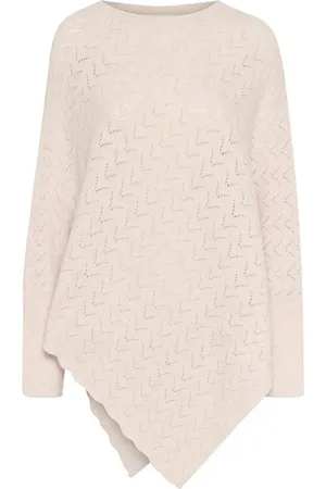 Cream Round-neck Knitwear, female, , ONE SIZE, O-Neck Knit Poncho Strik