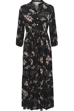 Cream Autumn Flowers Long Dress Black