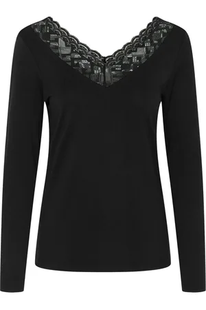 Cream Long Sleeve Tops, female, , 2XL, Lace Trim V-Neck Top