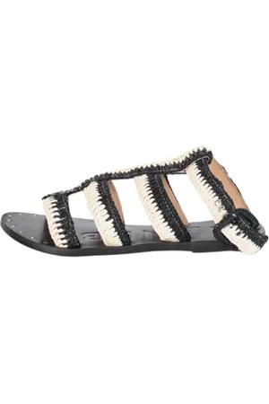 MANEBI Flat Sandals, female, , 5 UK, Raffia Striped Leather Sandals