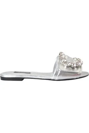 Dolce & Gabbana Silver Crystal Leather Flat Sandals