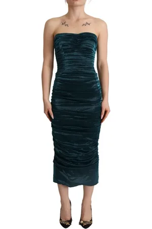 Dolce & Gabbana Midi Dresses, female, , S, Turquoise Draped Satin Midi Dress