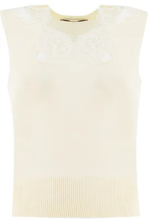 ERMANNO SCERVINO Sleeveless Tops, female, , L, Elegant Floral Lace Ribbed Hem Top