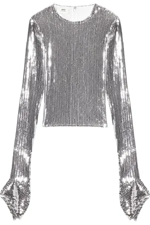 Ami Long Sleeve Tops, female, , M, Silver Sequin Fluted Sleeve Top