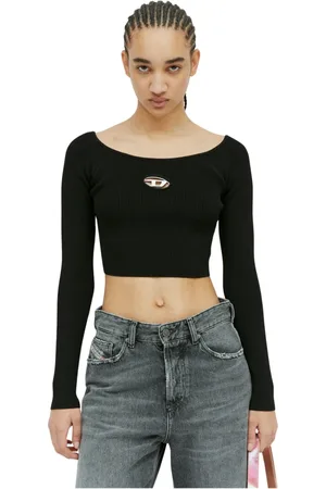 Diesel Long Sleeve Tops, female, , L, Rib Knit Crop Top with Logo