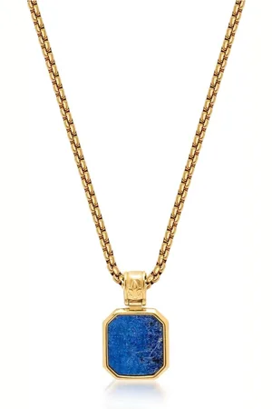 Nialaya Necklaces, male, , 2XL, Gold Necklace with Square Blue Lapis Pendant