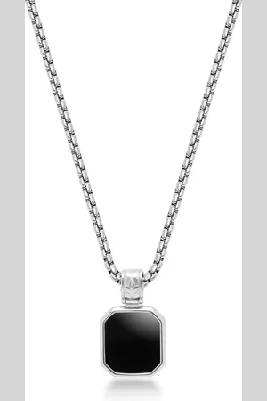 Nialaya Necklaces, male, , M, Silver Necklace with Square Matte Onyx Pendant
