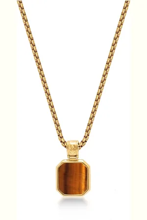 Nialaya Necklaces, male, , 2XL, Gold Necklace with Square Brown Tiger Eye Pendant