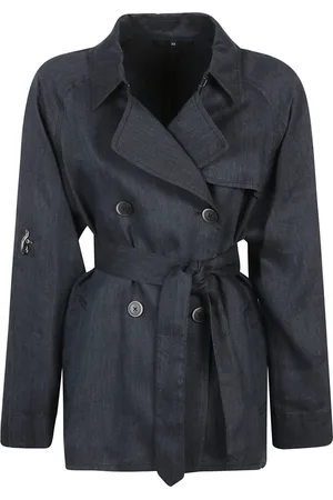 FAY Trench Coats, female, , XS, Denim Linen Coat with Suede Details