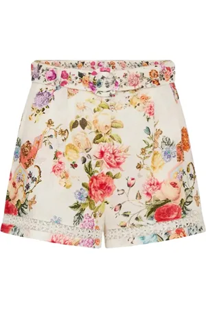 Camilla Short Shorts, female, , M, Floral High-Waisted Shorts with Lace Trim