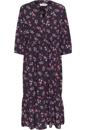 Cream Midi Dresses, female, , 2XL, Floral Dress with V-Neck and Ruffle Hem