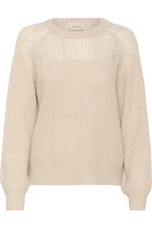Cream Round-neck Knitwear, female, , 2XL, Knit Pullover with Puff Sleeves