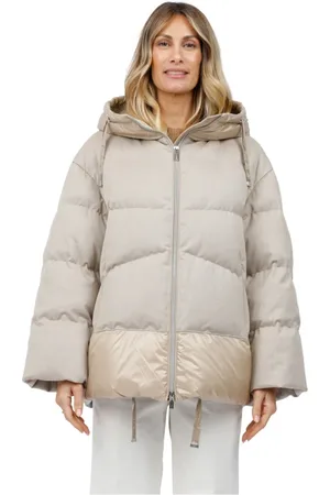 DIEGO M Down Jackets, female, , S, Hooded Bimaterial Satin and Wool Jacket