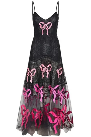 LOVESHACKFANCY Midi Dresses, female, , S, Bow Embroidered Lace Midi Dress