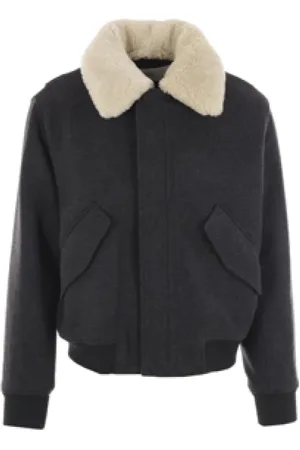 Ami Winter Jackets, male, , S, Grey Wool Coat with Removable Shearling Collar