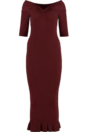 Serafini Knitted Dresses, female, , M, Ribbed Knit Midi Dress with Off-the-Shoulder Neckline
